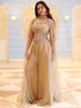 Champagne Gold Heavy Sequins and Zardozi Emabroidered Design Net Palazzo Suit With Cape Style Over Coat