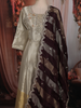 Ash Grey and Champagne Gold Sequins and Beads Embroidered Design Tissue Silk Gown with Contrast Stripes Dupatta