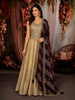Champagne Gold Sequins and Beads Embroidered Design Tissue Silk Gown with Contrast Stripes Dupatta