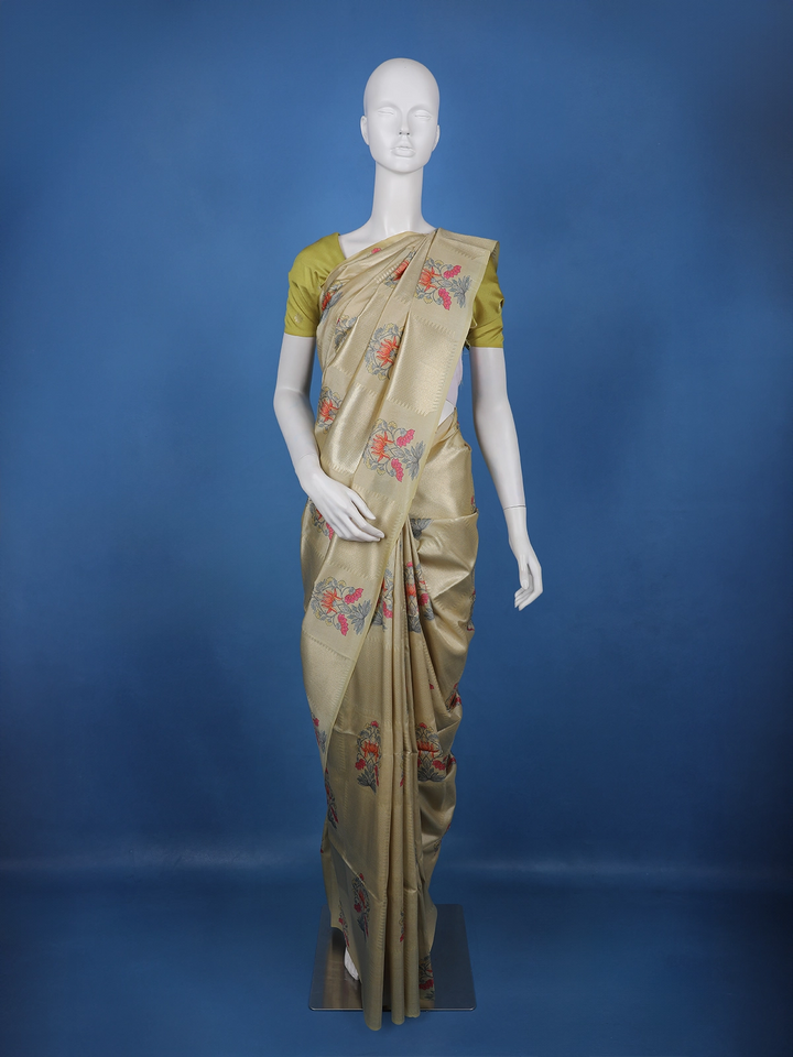 Champagne Gold floral Design Semi Tissue Saree - Diadem