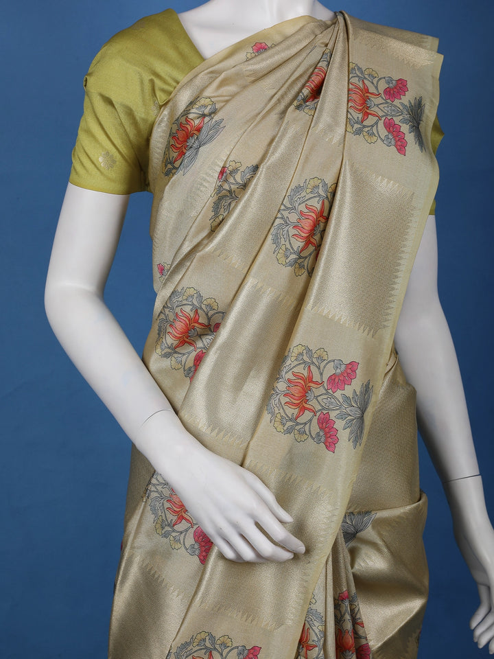 Champagne Gold floral Design Semi Tissue Saree - Diadem