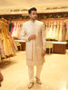 Champagne Ivory Floral Vine and Paisley Embroidered Design Jacquard Men's Sherwani with Matching Pant