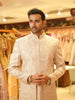Champagne Ivory Floral Vine and Paisley Embroidered Design Jacquard Men's Sherwani with Matching Pant