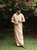 Champagne Peach Geometric Zari Woven Design Semi Silk Shirt with Zari Border Matching Dhoti Set