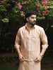 Champagne Peach Geometric Zari Woven Design Semi Silk Shirt with Zari Border Matching Dhoti Set
