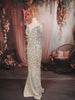 Champagne Silver Heavy Sequins Embroidered Design Sequins Fabric Party Wear Fish Cut Gown