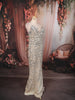 Champagne Silver Heavy Sequins Embroidered Design Sequins Fabric Party Wear Fish Cut Gown