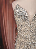 Champagne Silver Heavy Sequins Embroidered Design Sequins Fabric Party Wear Fish Cut Gown