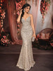 Champagne Silver Heavy Sequins Embroidered Design Sequins Fabric Party Wear Fish Cut Gown