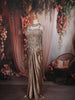 Champagne Taupe Brown Paisley Sequins and Beads Embroidered Design Holographic Indo Western Draped Skirt Corset Top with Choker Dupatta