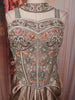 Champagne Taupe Brown Paisley Sequins and Beads Embroidered Design Holographic Indo Western Draped Skirt Corset Top with Choker Dupatta