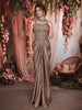Champagne Taupe Brown Paisley Sequins and Beads Embroidered Design Holographic Indo Western Draped Skirt Corset Top with Choker Dupatta