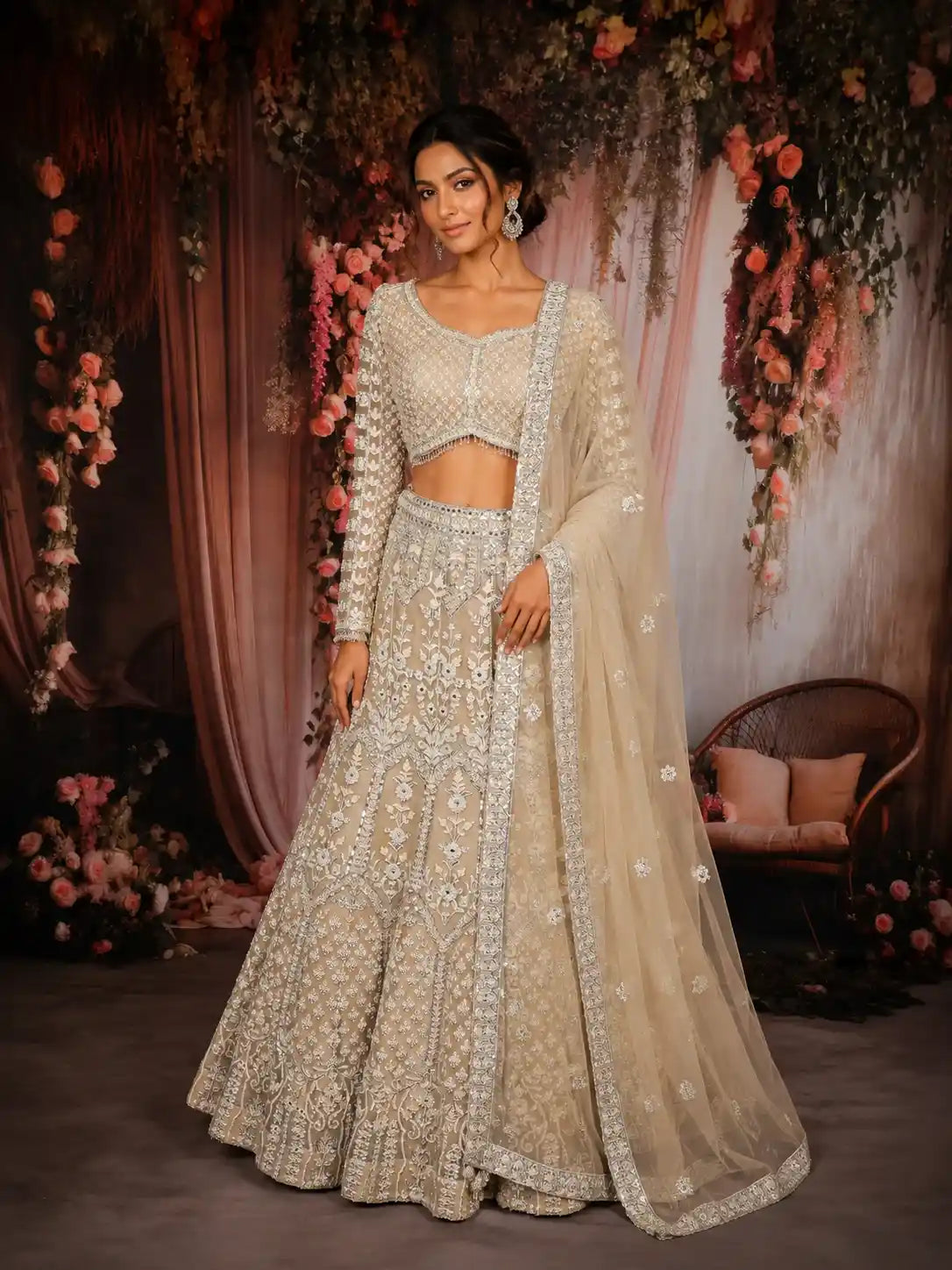Champagne Beige Heavy Embellished Design Mermaid Net Lehenga With Dupatta