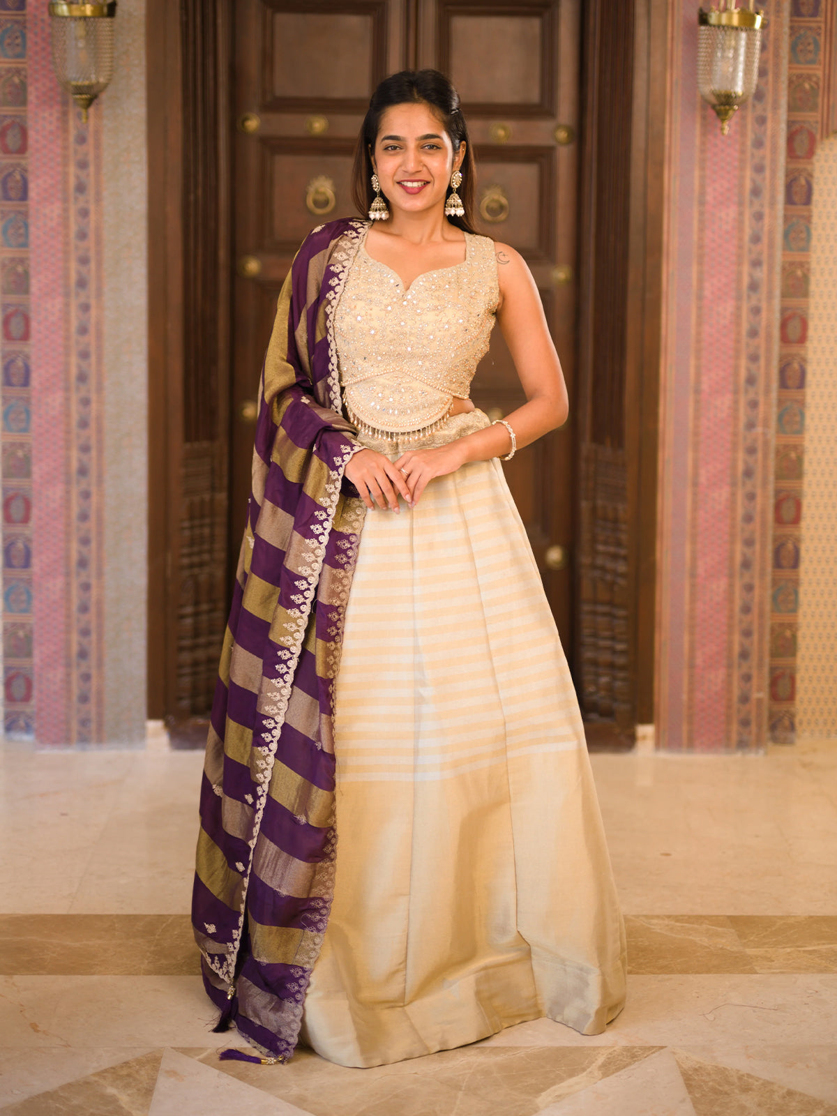Champagne Gold Floral Beads and Mirror Embroidered Design Tissue Silk Lehenga with Contrast Stripes Dupatta