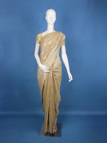 Champagne Gold Floral Zari Sequin Embellishment Organza Saree - Diadem
