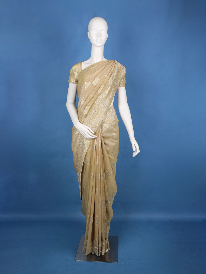 Champagne Gold Floral Zari Sequin Embellishment Organza Saree - Diadem
