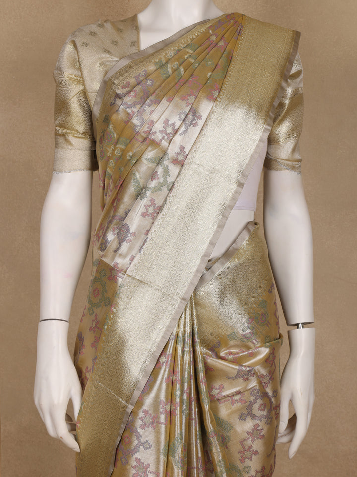 Champagne Gold Ikat Woven Tissue Silk Saree - Diadem