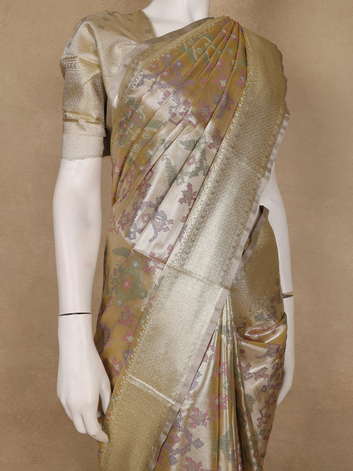 Champagne Gold Ikat Woven Tissue Silk Saree - Diadem