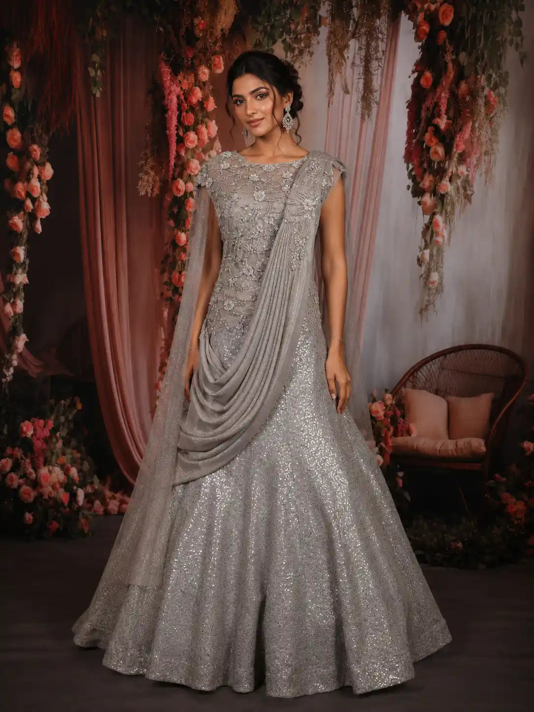 Champagne Silver Grey Heavy Sequins and Beads Embroidered Design Mermaid Net Lehenga