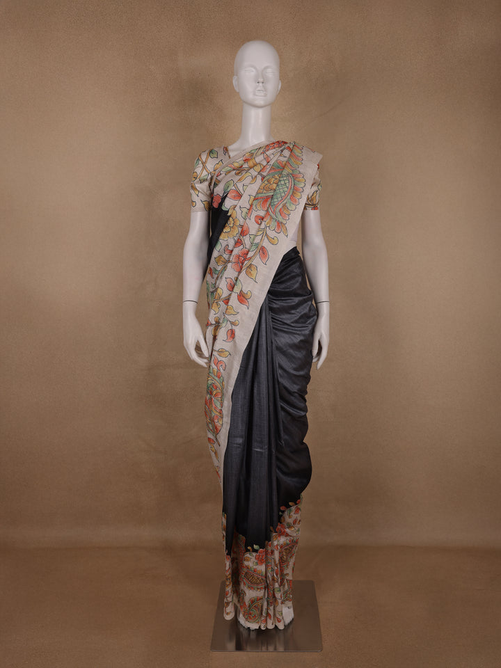 Charcoal Black Floral Printed Tussar Silk Saree - Diadem