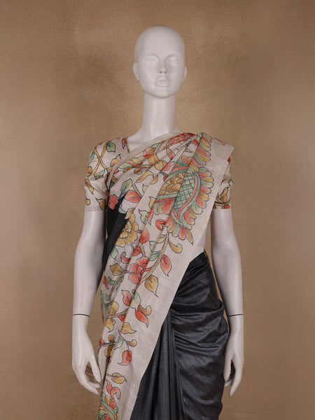 Charcoal Black Floral Printed Tussar Silk Saree - Diadem