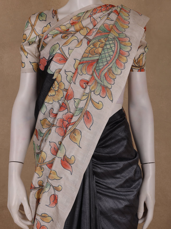 Charcoal Black Floral Printed Tussar Silk Saree - Diadem