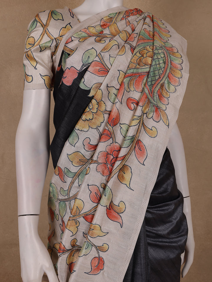 Charcoal Black Floral Printed Tussar Silk Saree - Diadem