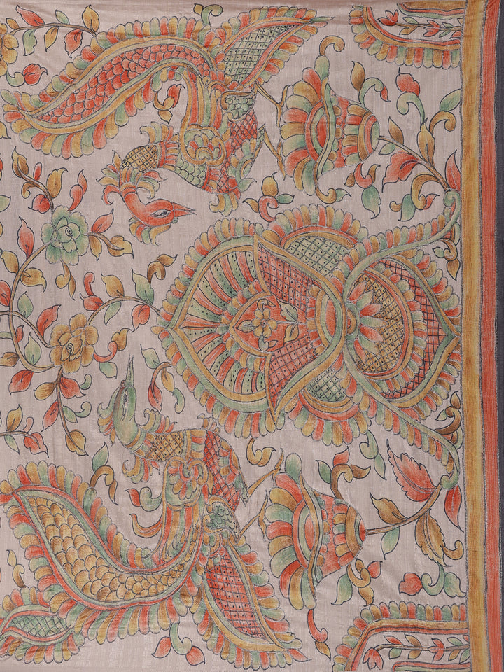 Charcoal Black Floral Printed Tussar Silk Saree - Diadem