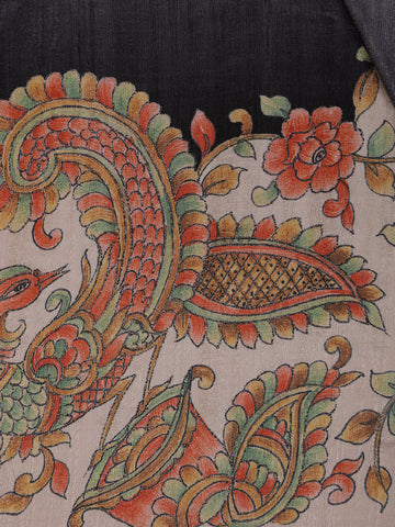 Charcoal Black Floral Printed Tussar Silk Saree - Diadem