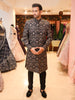 Charcoal Black Symmetrical Damask and Floral Sequins Embroidered Design Jacquard Men's Sherwani with Matching Pant
