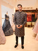 Charcoal Black Symmetrical Damask and Floral Sequins Embroidered Design Jacquard Men's Sherwani with Matching Pant
