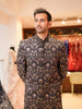 Charcoal Black Symmetrical Damask and Floral Sequins Embroidered Design Jacquard Men's Sherwani with Matching Pant