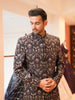 Charcoal Black Symmetrical Damask and Floral Sequins Embroidered Design Jacquard Men's Sherwani with Matching Pant