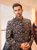 Charcoal Black Symmetrical Damask and Floral Sequins Embroidered Design Jacquard Men's Sherwani with Matching Pant