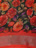 Charcoal Black and Coral Red Floral Printed Design Linen Cotton Saree