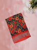 Charcoal Black and Coral Red Floral Printed Design Linen Cotton Saree