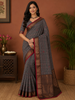 Charcoal Grey Checked Woven Design Pure Cotton Saree with Contrast Zari Border