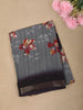 Charcoal Grey Floral Printed Design Linen Cotton Casual Wear Saree with Contrast Zari Border