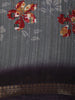 Charcoal Grey Floral Printed Design Linen Cotton Casual Wear Saree with Contrast Zari Border