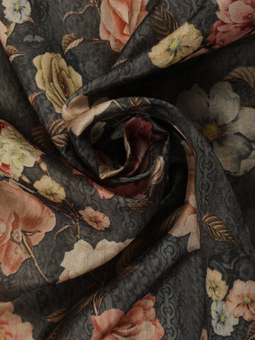 Charcoal Grey Floral Printed Tussar Silk Saree - Diadem