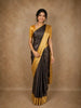Charcoal Grey Gold Zari Striped Design Semi Tussar Saree with Contrast Border
