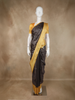 Charcoal Grey Gold Zari Striped Design Semi Tussar Saree with Contrast Border
