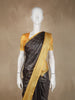 Charcoal Grey Gold Zari Striped Design Semi Tussar Saree with Contrast Border