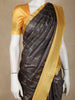 Charcoal Grey Gold Zari Striped Design Semi Tussar Saree with Contrast Border