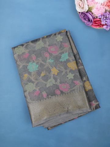 Charcoal Grey Floral Design Woven Tissue Silk Saree - Diadem