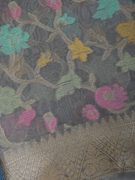Charcoal Grey Floral Design Woven Tissue Silk Saree - Diadem