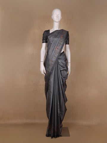 Charcoal Grey Floral Designed Semi Tussar Saree - Diadem