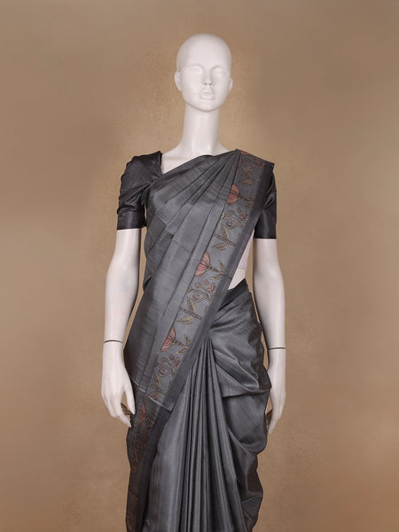 Charcoal Grey Floral Designed Semi Tussar Saree - Diadem