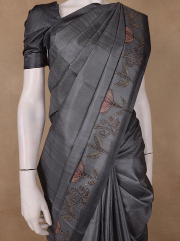 Charcoal Grey Floral Designed Semi Tussar Saree - Diadem