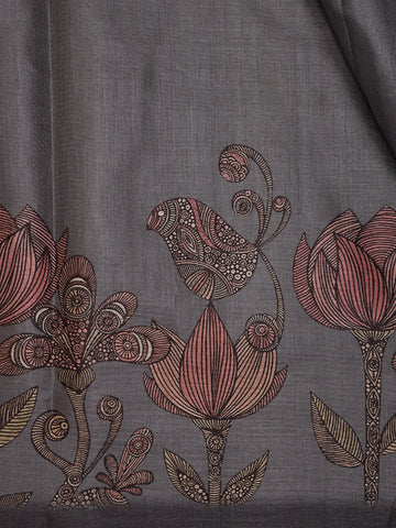Charcoal Grey Floral Designed Semi Tussar Saree - Diadem
